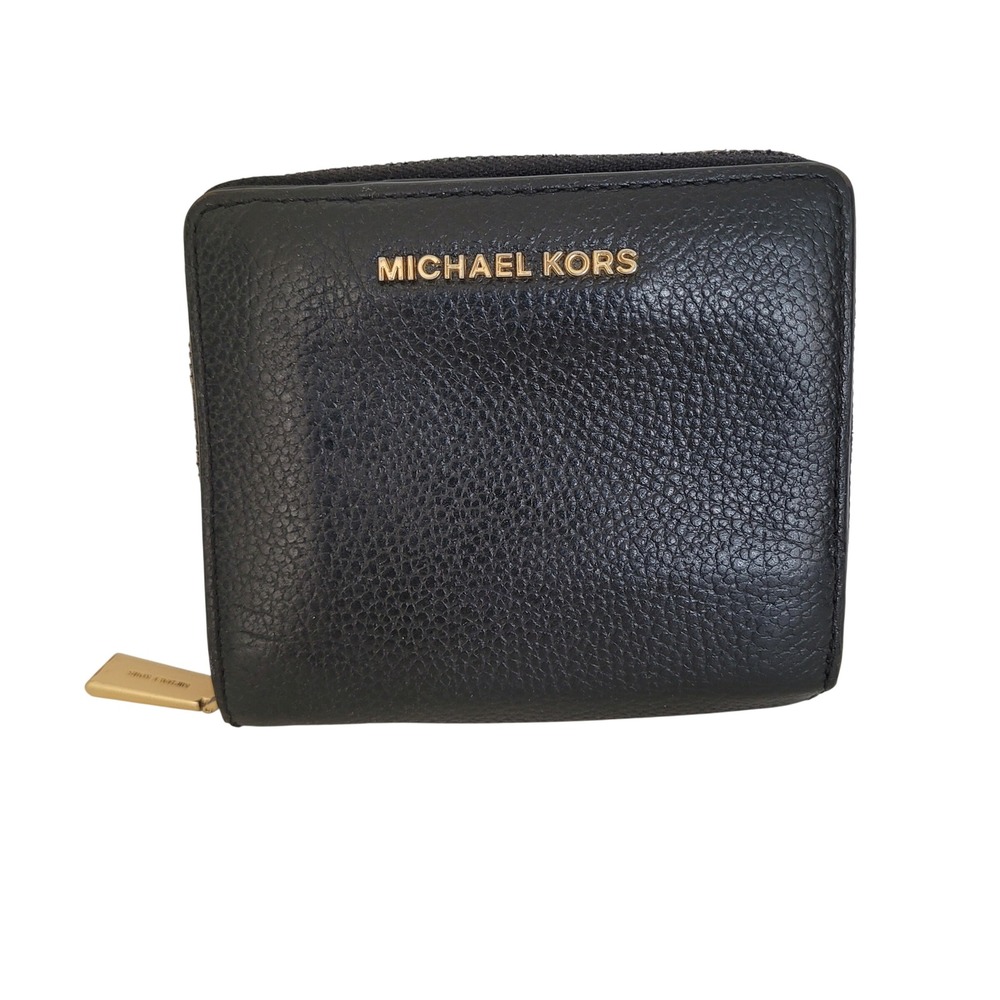 Michael Kors Jet Set Small Bifold Wallet Black Pebbled Leather Gold Zip Coin